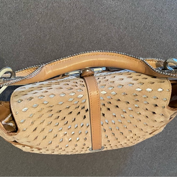 JIMMY CHOO TAN SUEDE & SILVER METALLIC HOBO PURSE like new ! GORGEOUS - Picture 7 of 11